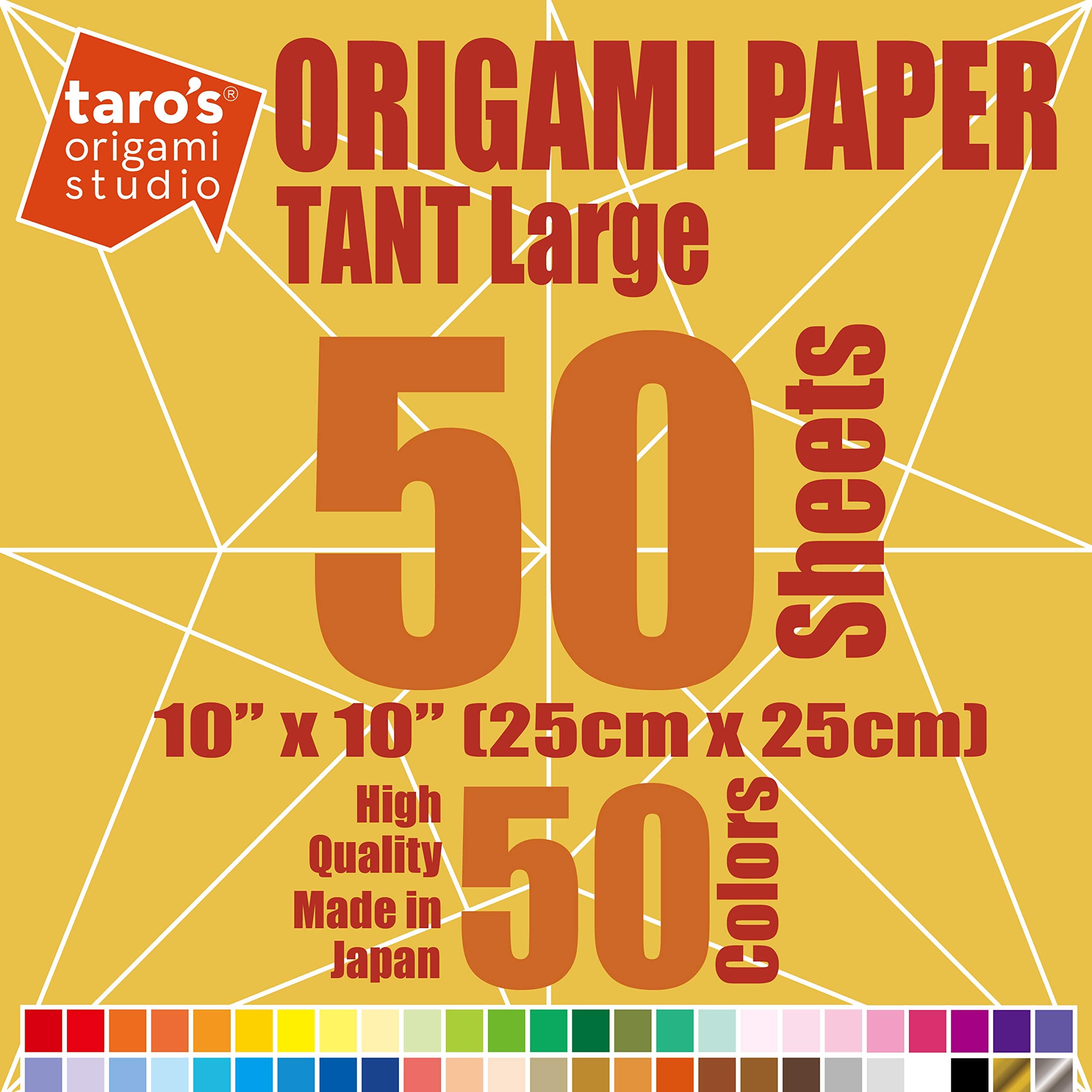 [Taro's Origami Studio] TANT Large 10 Inch Double Sided 50 Colors 50 Sheets Square Easy Fold Premium Japanese Paper for Origami Artist from Beginner to Expert (Made in Japan)