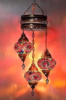 Asylove Turkish Ceiling Lamp, Mosaic Pendant Lamp Turkish Chandeliers 3 Globe Moroccan Ceiling Lighting Art Deco Brillant Fixture, 5 inc Globe - Total Dimensions 14x14x35 inch (Red)