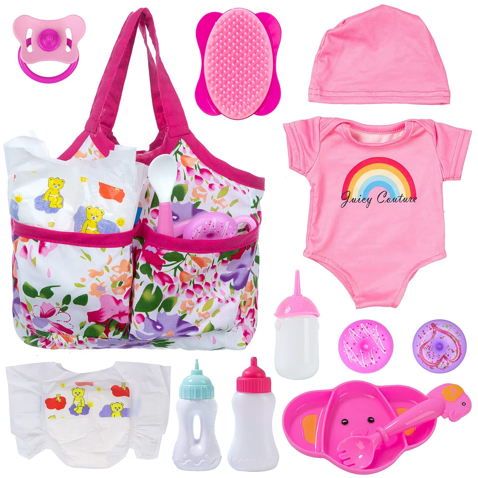 13 Piece Baby Doll Accessories Feeding and Caring Set Includes Diaper Bag Clothes Diapers Baby Bottles Dinner Plate Pacifier Comb Babies Pretend Play Set for Toddlers Kids