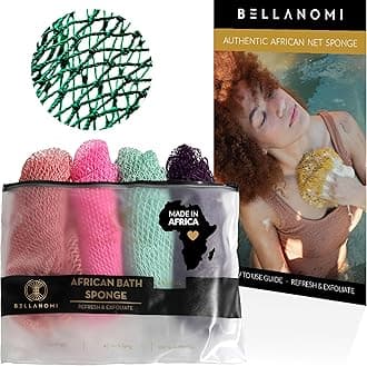 BELLANOMI 4 Piece African Exfoliating Net Sponge Long African Bath Sponge, Authentic Ethically Sourced from Nigeria, Great for Daily Use (Pink, Indigo, Seafoam, Blush)