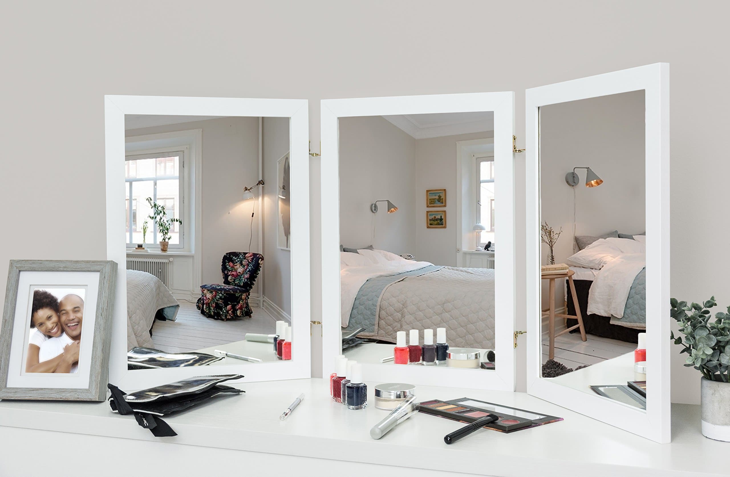 Mirrotek Classic Wood Table Top 3 Way Vanity Desk Folding Personal Face Makeup Mirror, White Finish