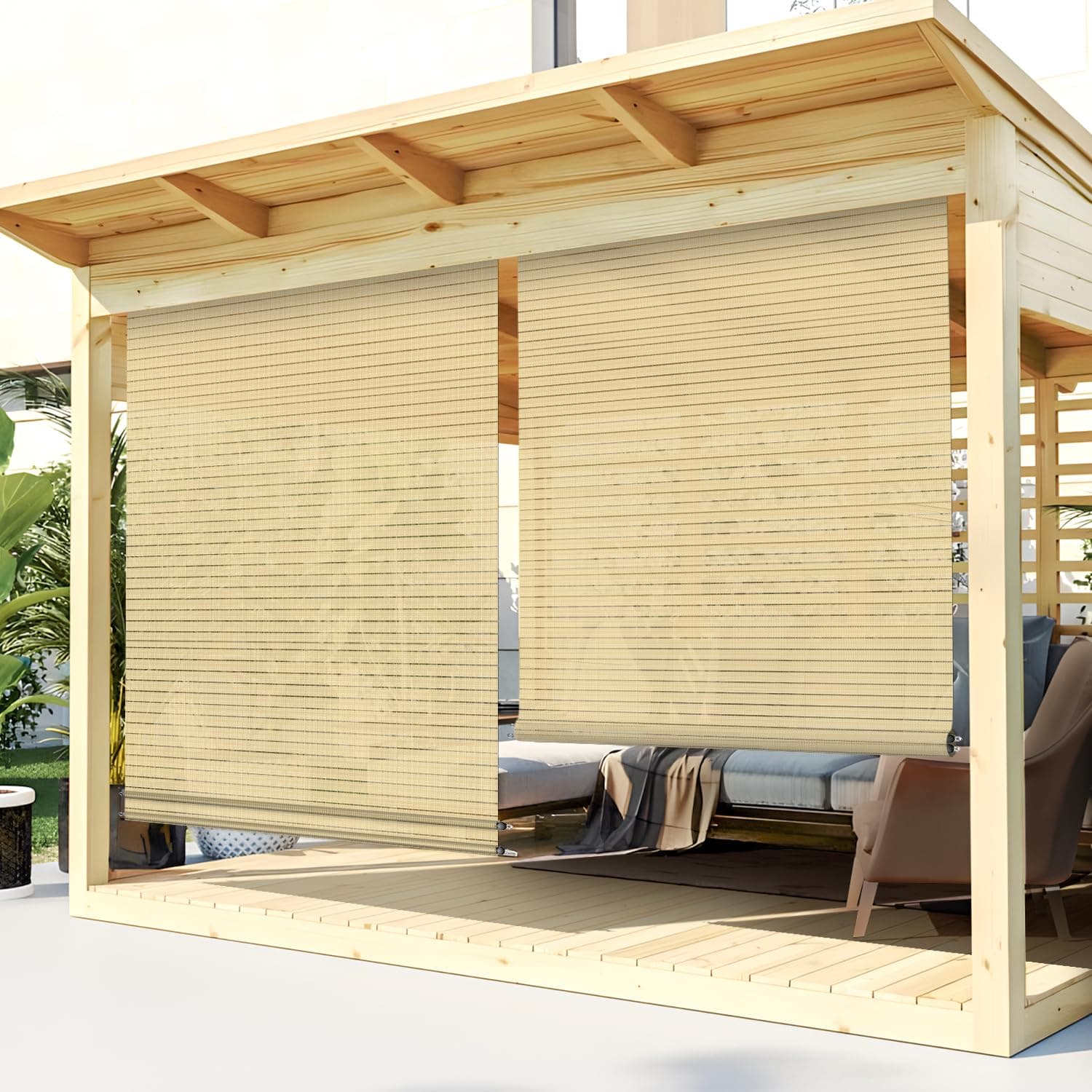 TANG エクステリア ローラーシェード ロールアップシェード パティオ デッキ ポーチ パーゴラ バルコニー 裏庭 屋外 ブラインド ライト フィルタリング ブロック 紫外線 8'W x 11.5'L くり抜きストライプ ベージュ
