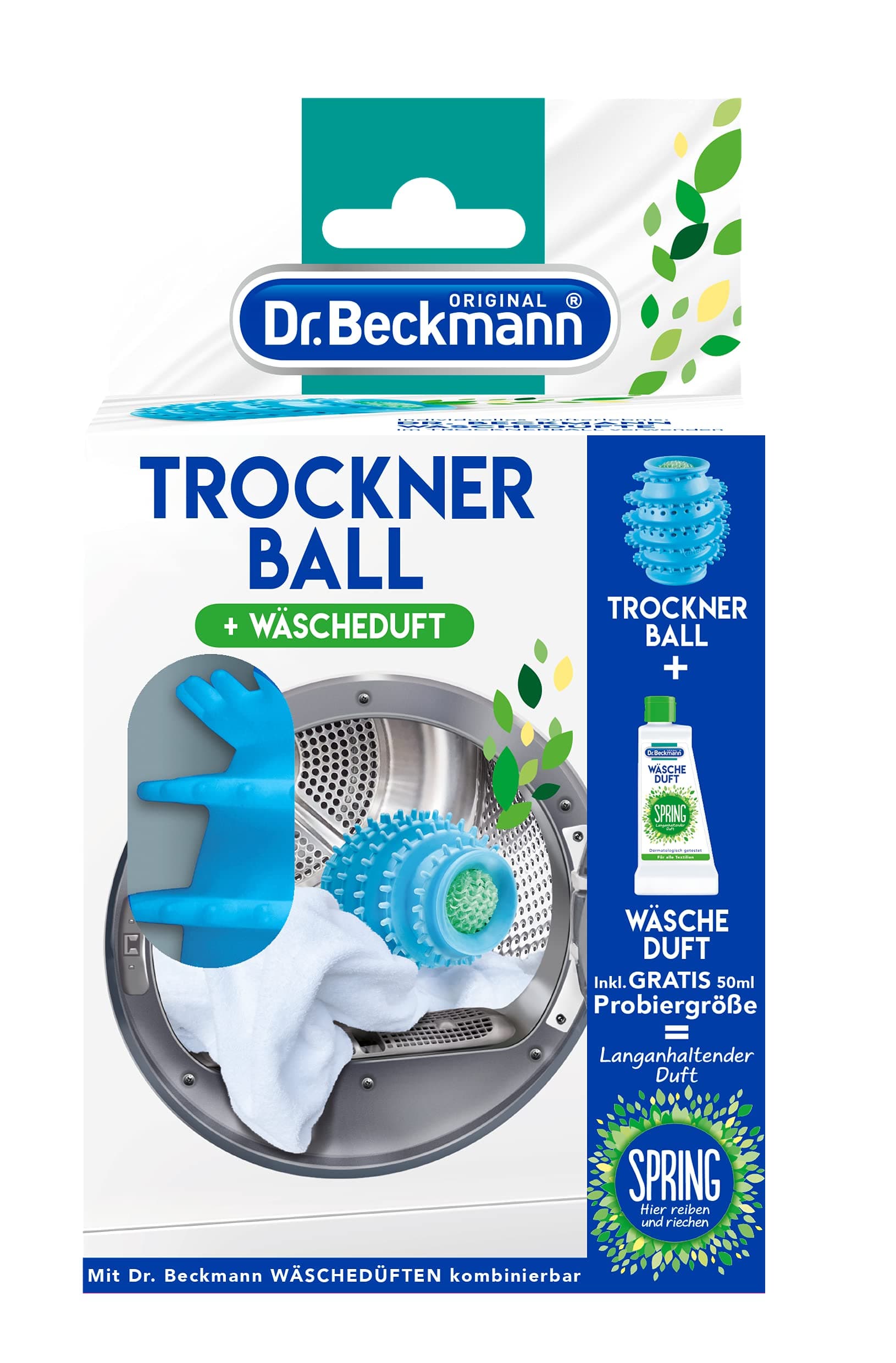 Dr. Beckmann Dryer Ball | For Fresh and Cuddly Soft Laundry | Can be Filled with Laundry Fragrance | Shortens Drying Time | Includes Free Sample Spring | 50 ml