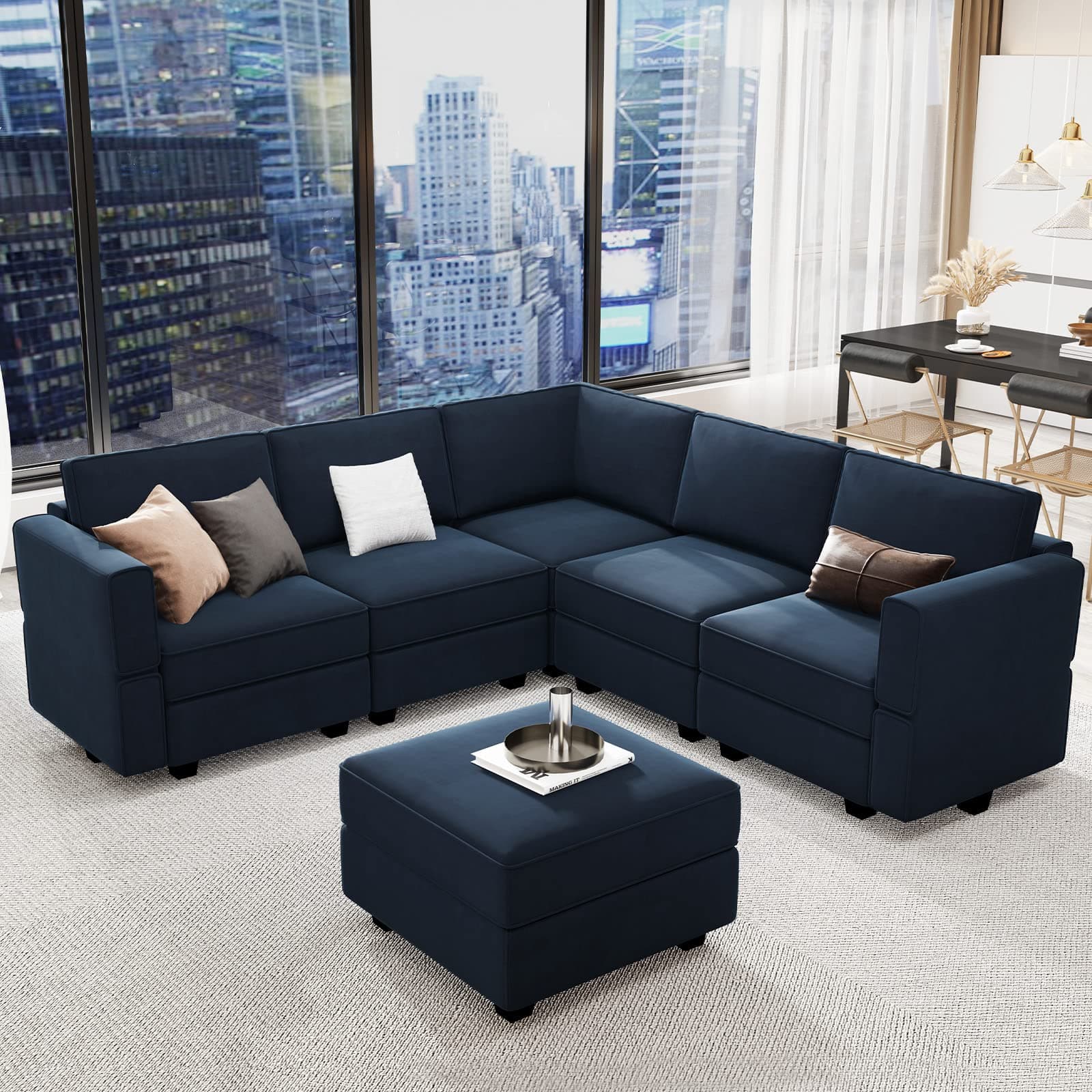 Modular Sectional Sofa with Storage Seats Velvet L Shaped Corner Couch Convertible Sectional Sofa with Chaise (Blue, L Shape-1)…