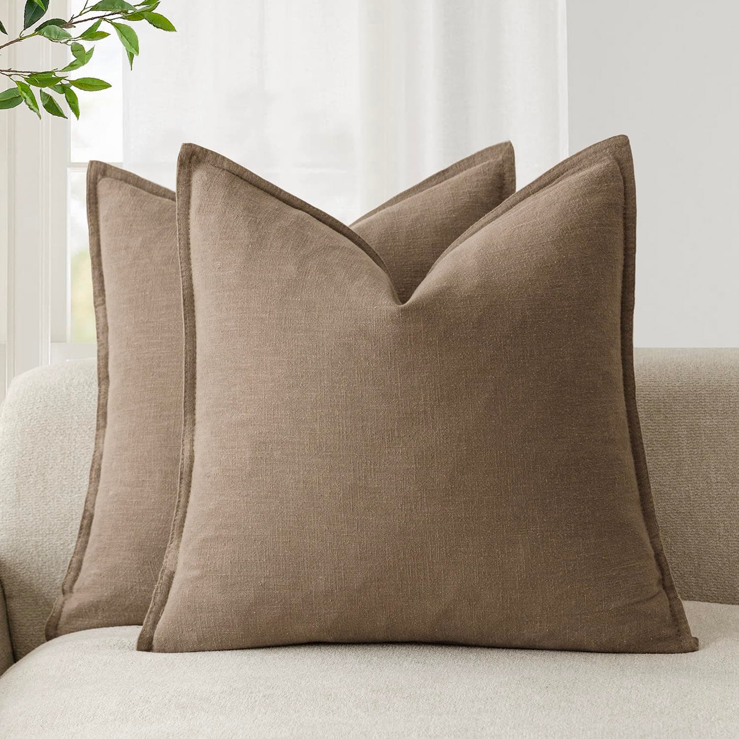 Pack of 2, Decorative Linen Soild Throw Pillow Covers Soft Accent Cushion Case Boho Farmhouse Neutral Pillowcase for Chair Couch Sofa Bedroom Living Room Home Decor 20 x 20 Inch Light Brown