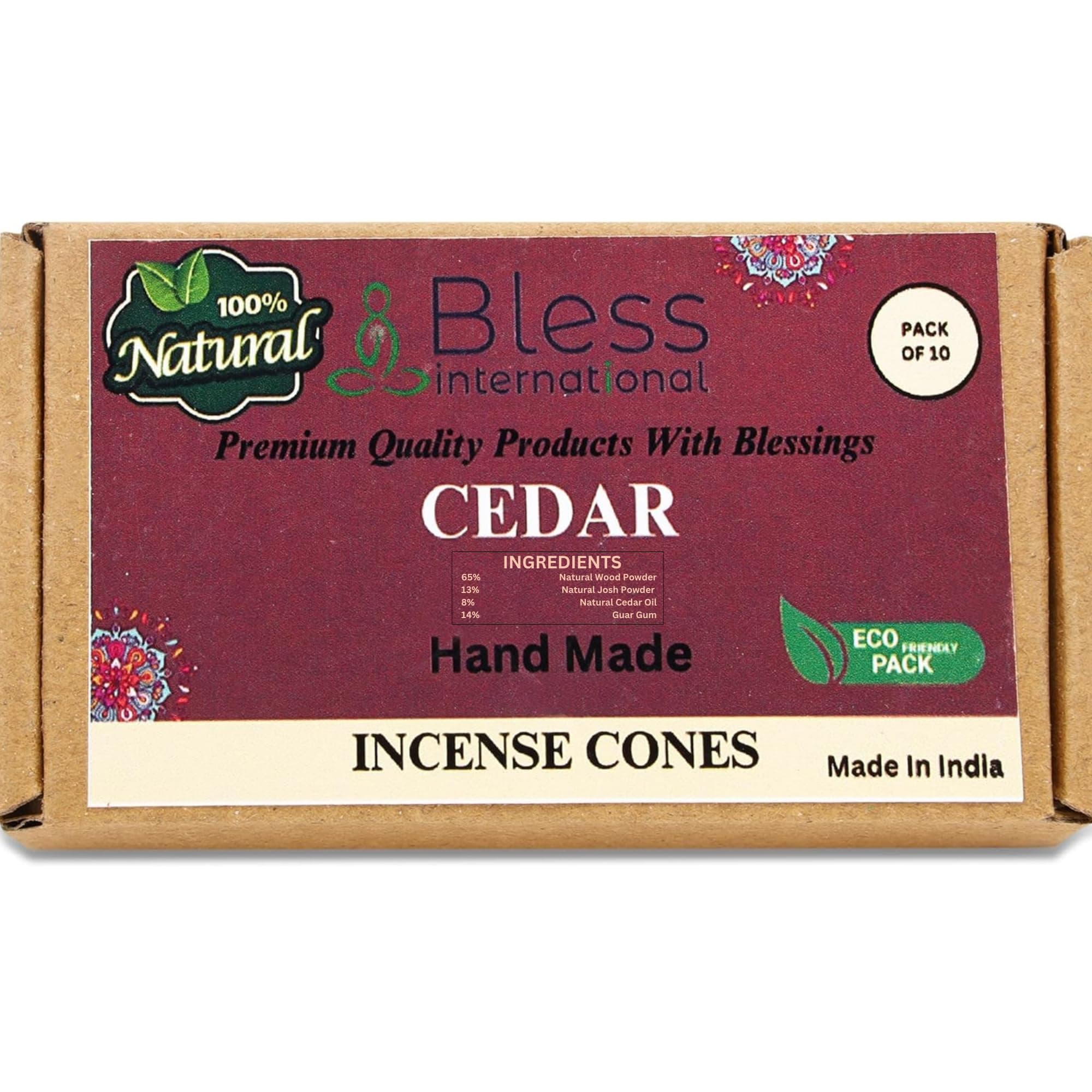 Bless International Cedar 100%-Natural-Incense-Cones Handmade-Hand-Dipped Organic-Chemicals-Free for-Purification-Relaxation-Positivity-Yoga-Meditation The-Best-scents (10 Count)
