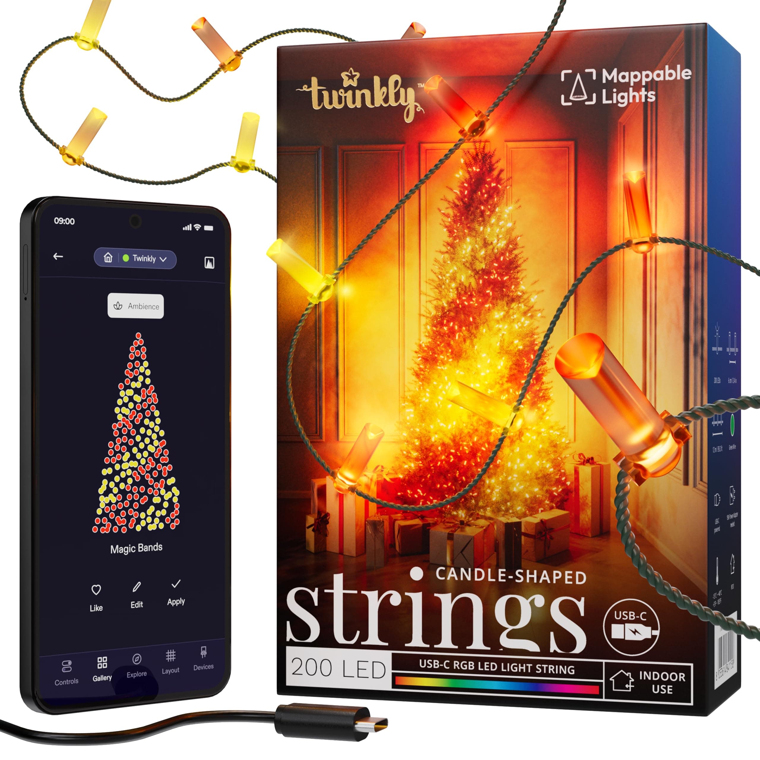 Strings USB-C Candle 200 LED, Candle-Shaped LED Light String, Christmas Lights, RGB Multicolor LED Lights, Mappable LEDs, Compatible with Alexa, Google Home, USB-C Power, Green Wire, 12m