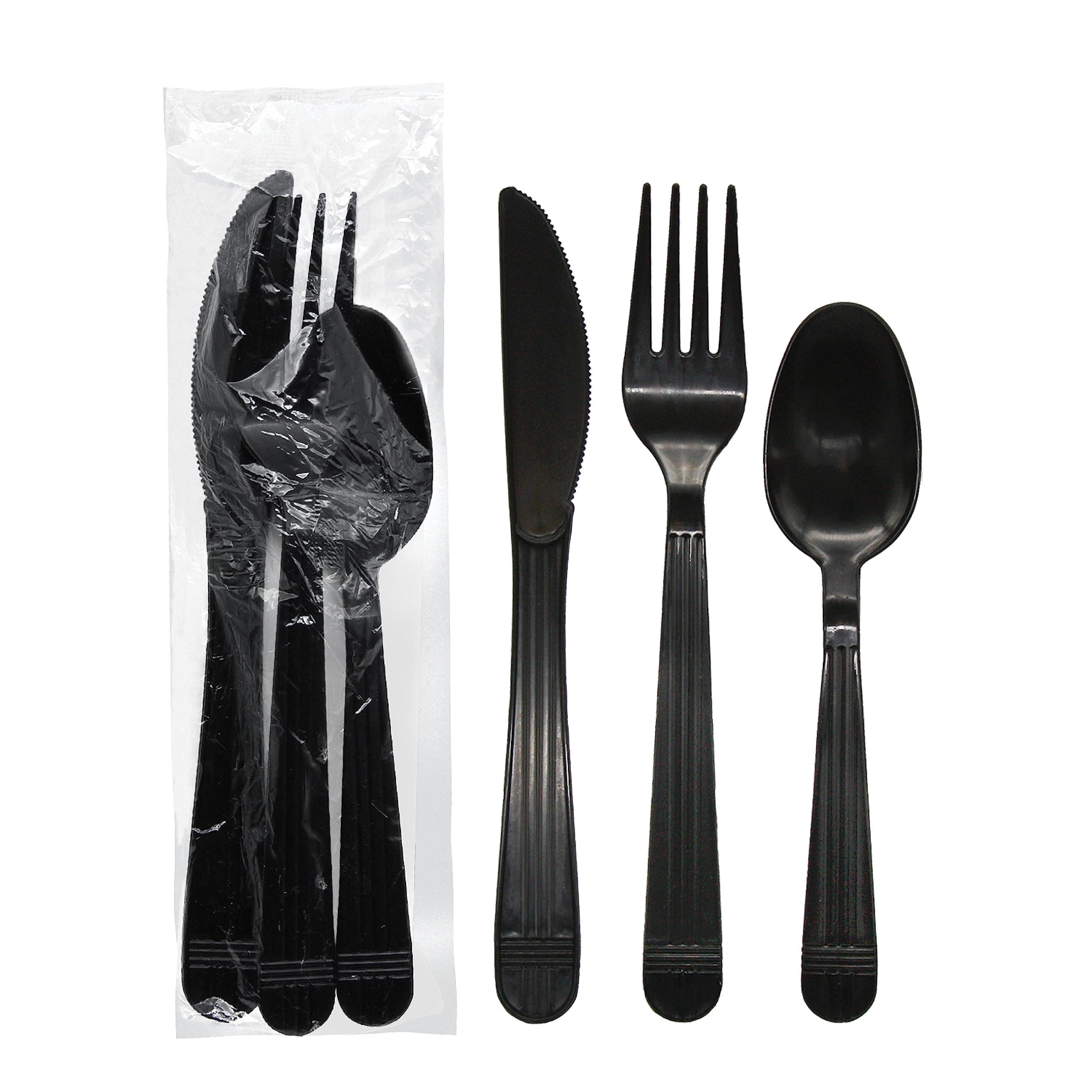 Party Essentials Individually Wrapped Heavy Duty Plastic Utensil Kits, 50 Sets for Party Catering, Fork/Spoon/Knife, Black