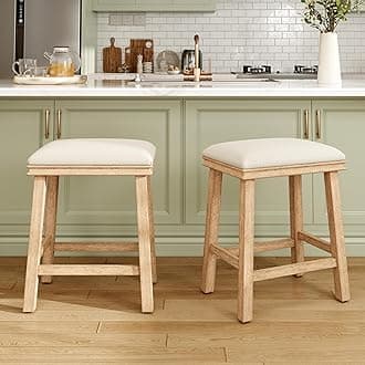 MAISON ARTS Off White Counter Height 24 inch Bar Stools Set of 2 for Kitchen Counter Solid Wood Legs with Faux Leather Padded Seat Farmhouse Barstools for 34"-38" Counter Island Upholstered Stools