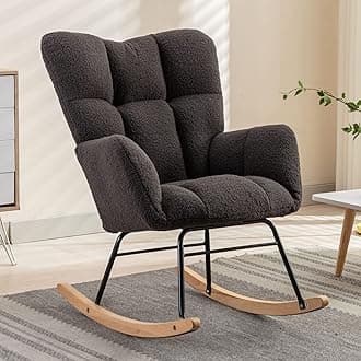 Nursery Rocking Chair Teddy Upholstered Glider Rocker Rocking Accent Chair Padded Seat with High Backrest Armchair Comfy Side Chair for Living Room Bedroom Offices (Dark Grey)