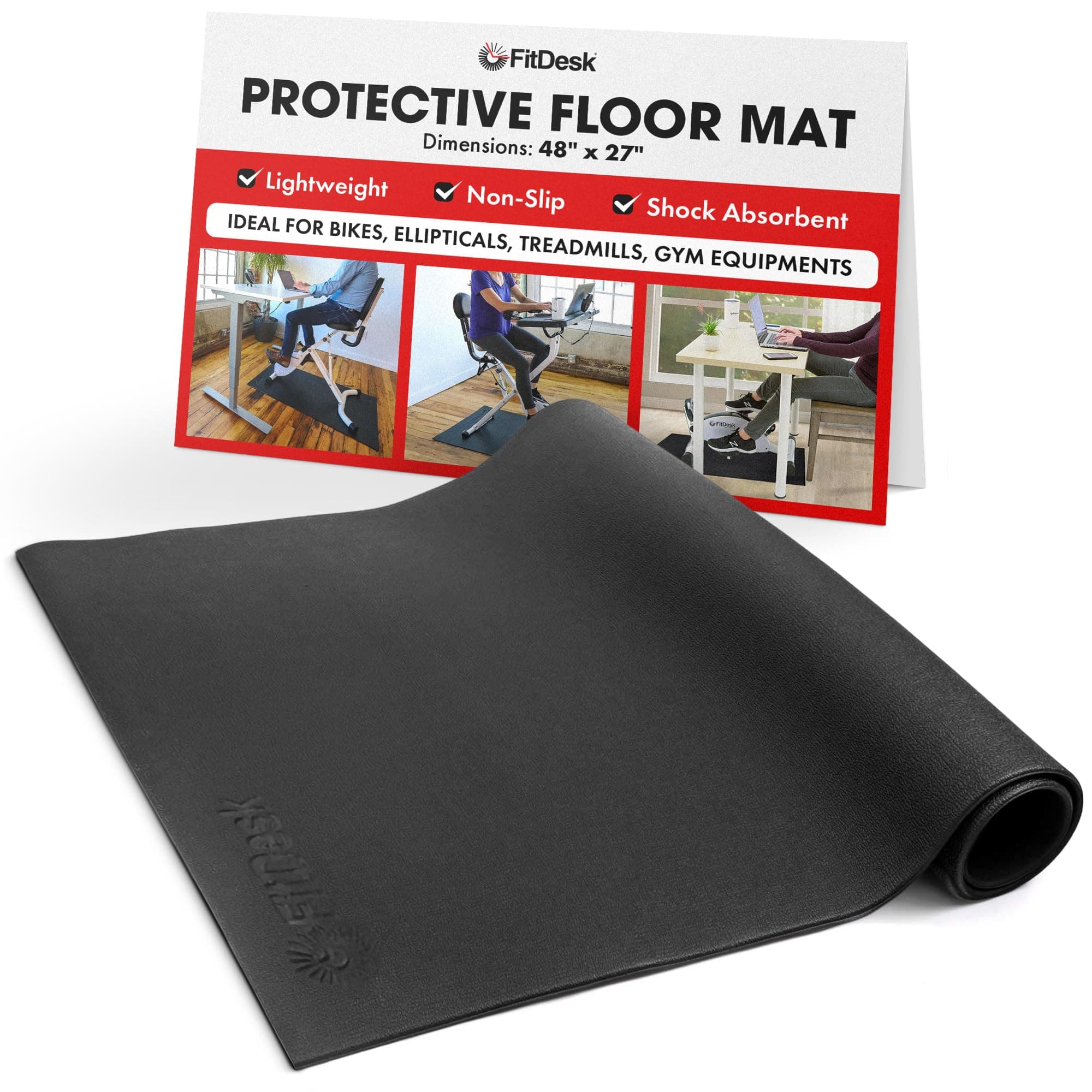FitDesk Protective Floor Mat - Lightweight PVC Exercise Mat for Carpet & Floor Protection, Ideal for Bikes, Ellipticals, Treadmills, Gym Equipment, Non-Slip - 48" x 27", Black