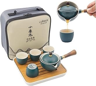 LURRIER Porcelain Chinese Gongfu Tea Set,Portable Teapot Set with 360 Rotation Tea maker and Infuser,Portable All in One Gift Bag for Travel,Home,Gifting,Outdoor and Office (Green)