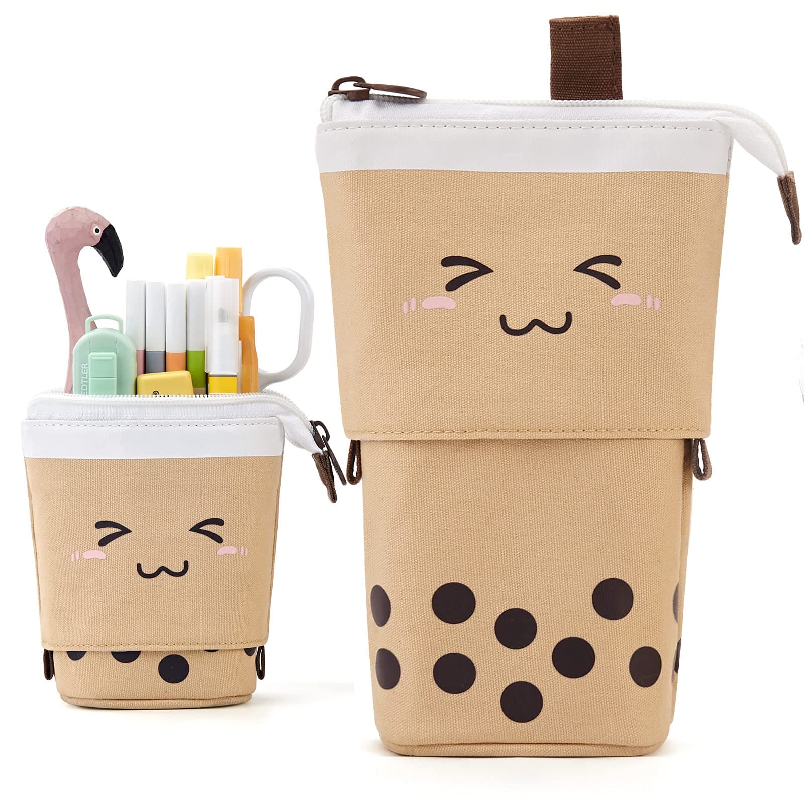 ANGOOBABY Cute Pencil Case Standing Pen Holder Telescopic Makeup Pouch Pop Up Cosmetics Bag with Kawaii Smile Face Stationery case Office Organizer Box for Girls/Boys Students Women Adult (Brown)
