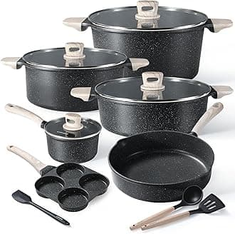 CAROTE Nonstick Pots and Pans Set, Cookware Set Induction Kitchen Cooking Set w/Stock pot & Saucepans, CLassic Black 13pcs