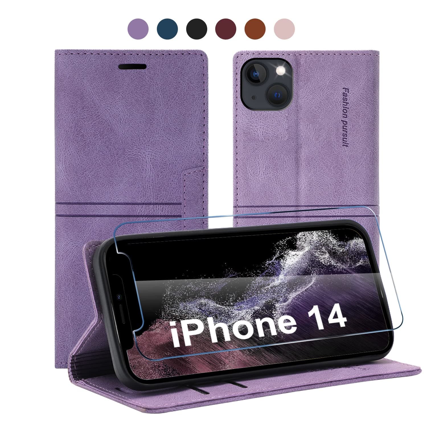 13peas Case for iPhone 14（2022 Released）, Cowhide Leather Wallet case with 1 Tempered Glass Screen Protector，Card Holder Slots as Kickstand Protective Business flip Cover (Purple)
