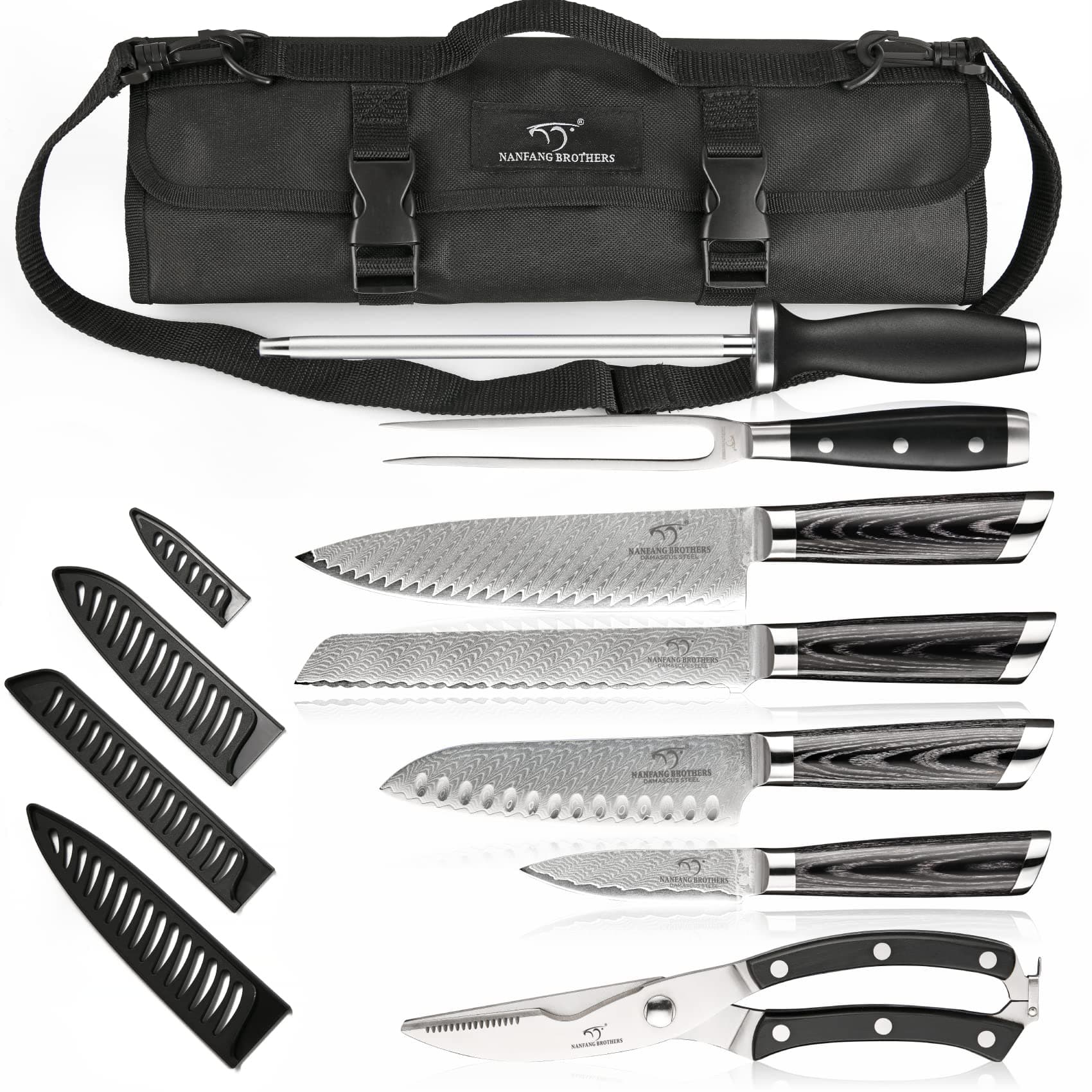 - Chef Knife Set with Roll Bag, 8 Pieces Damascus Knife Set with VG10 Core Blades, 67-Layer Damascus Steel with Portable Oxford Cloth Storage Bag, Blade Guards, Camping Essentials