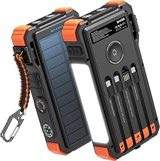 Solar Power Bank 20000mAh Built-in Cables, Wireless Charger for Apple Watch, 20W Fast Charging Battery Pack with USB C, Flashlight, Solar Charger for iPhone, iPad, iWatch, Samsung