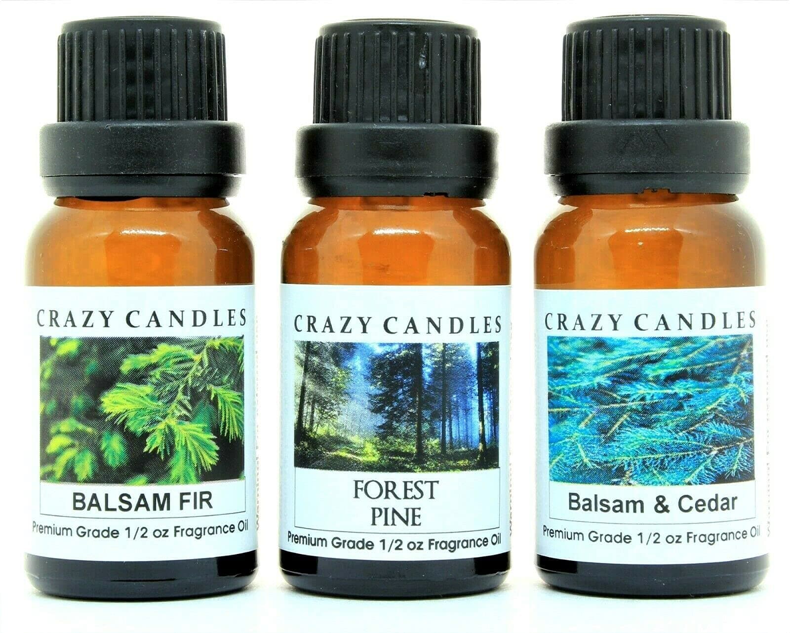 Crazy Candles 3 Bottles Set 1 Balsam & Cedar, 1 Balsam Fir, 1 Forest Pine 1/2 Fl Oz Each (15ml) Premium Grade Scented Fragrance Oils