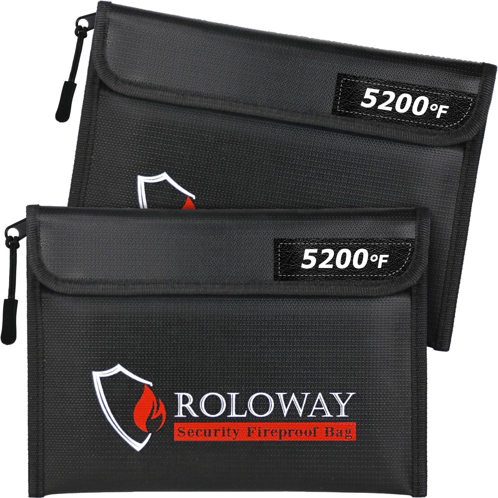 ROLOWAY Fireproof Bag (9.6 x 6.6 inches) 5200℉ Heat Insulated, Fireproof Money Bag with Zipper for Cash (2-Pack Black)