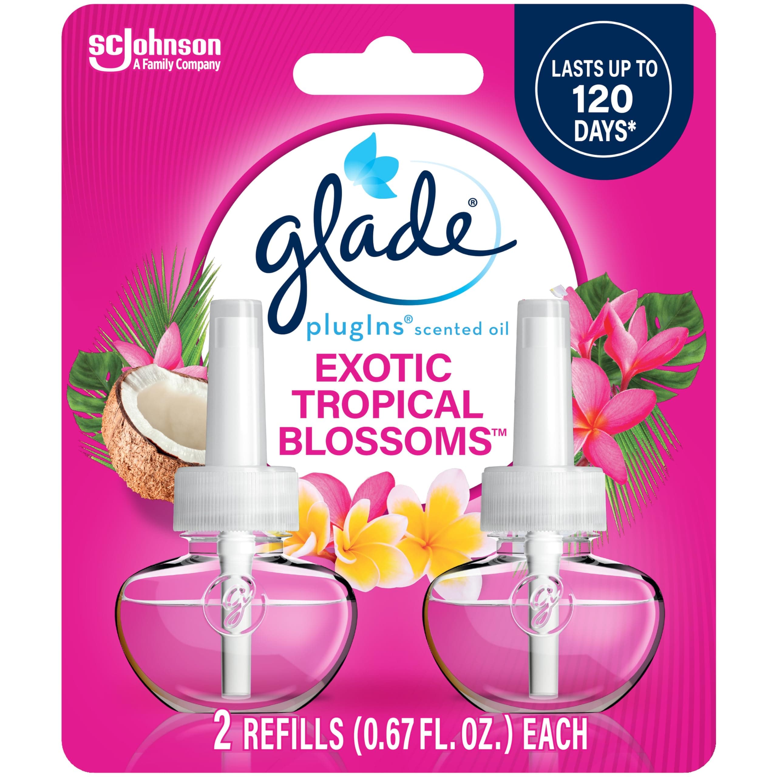 Glade PlugIns Refills Air Freshener, Scented and Essential Oils for Home and Bathroom, Exotic Tropical Blossoms, 1.34 Fl Oz, 2 Count