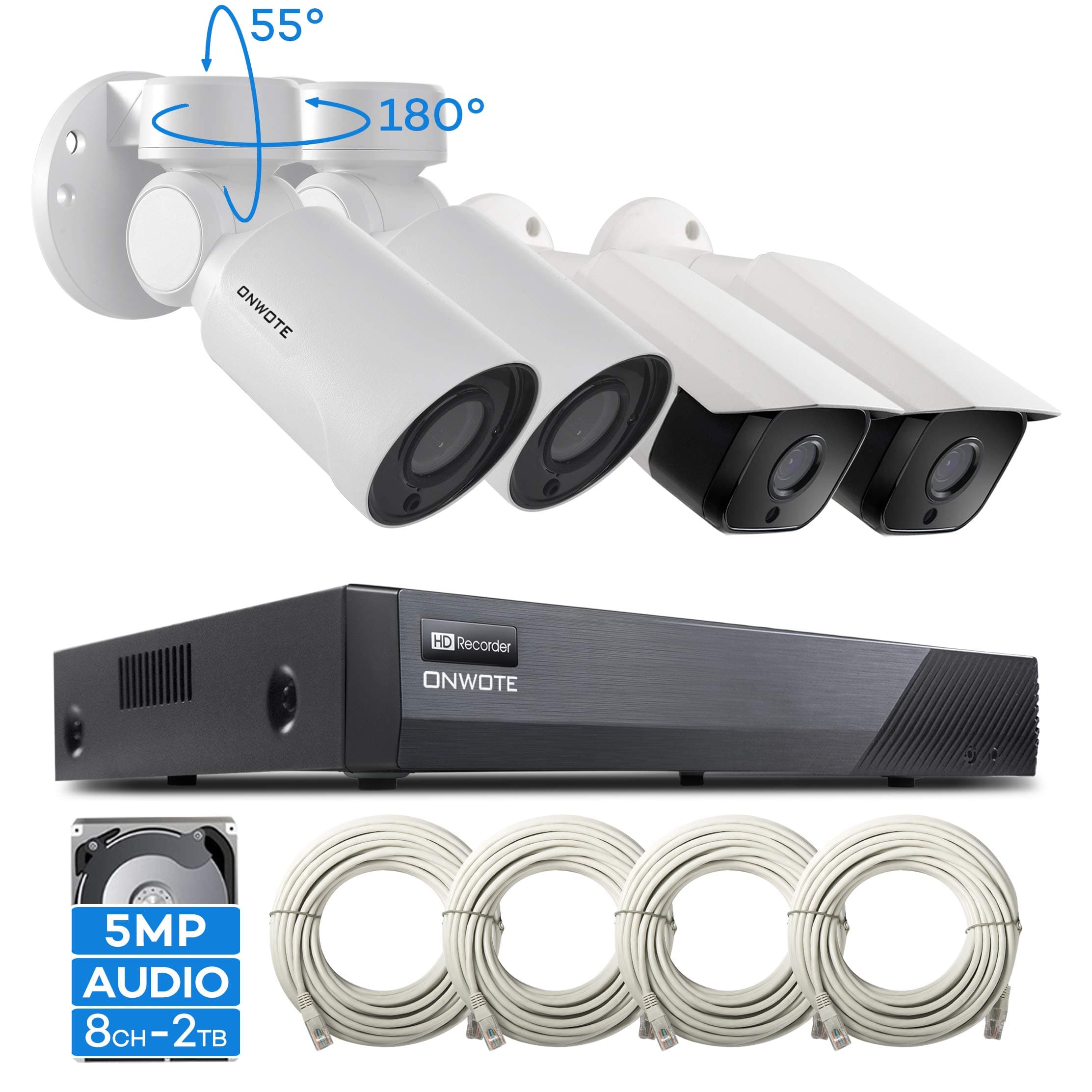 ONWOTE 5MP 1944P HD PTZ PoE Security Camera System with Audio, 8CH 5MP H.265 NVR 2TB HDD, 2Pcs 180° Pan 55° Tilt 4X Optical Zoom PTZ IP PoE Cameras, Remote Home Monitoring System, Add 4 More Cameras