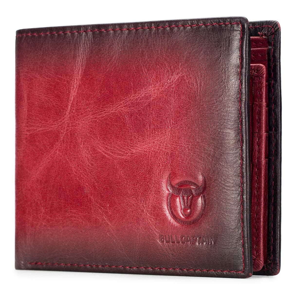 BULLCAPTAIN RFID Wallets for Men Slim Bifold Genuine Leather Front Pocket Wallet with 2 ID Windows QB-05（Crimson ）