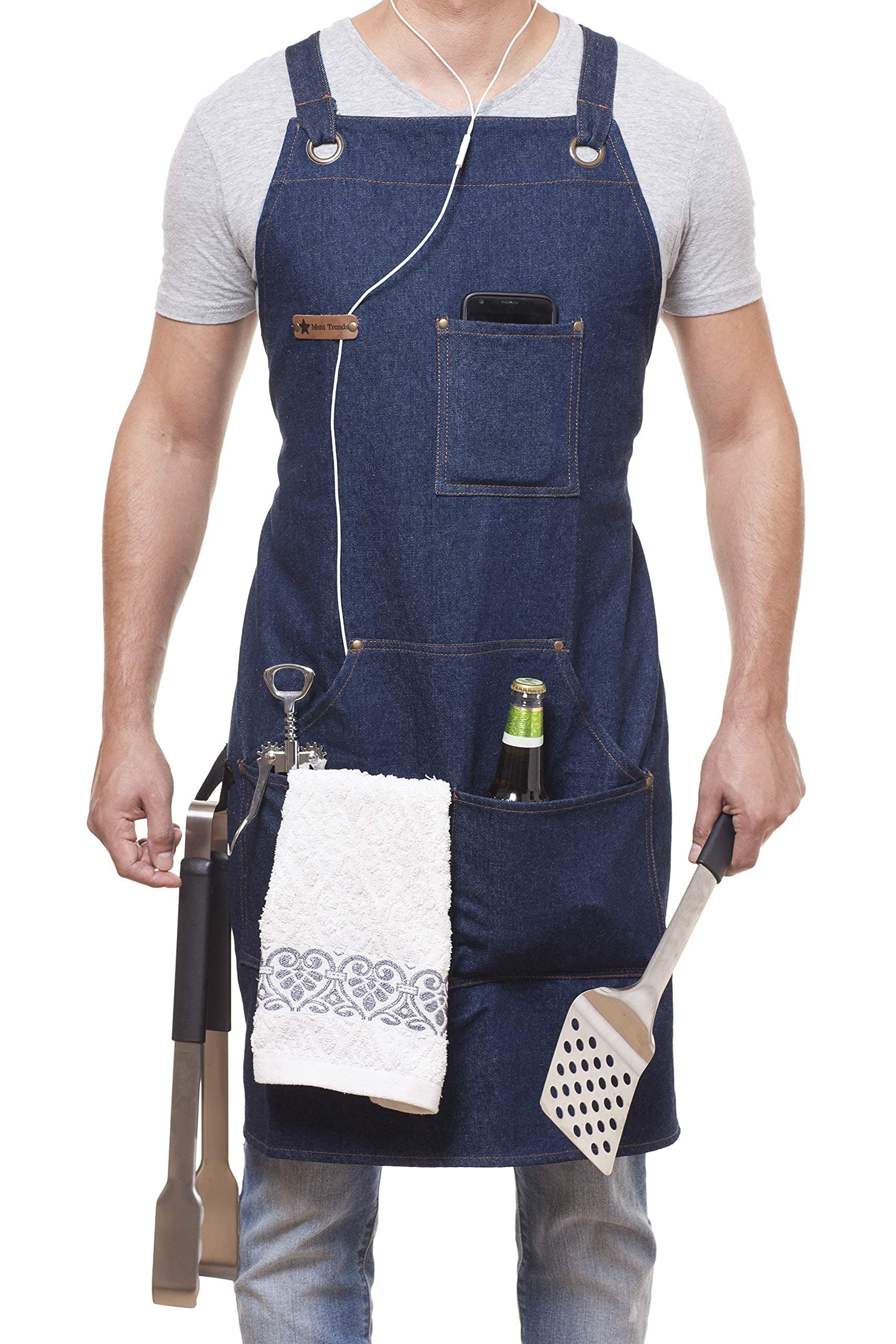ARAWAK BRAVE Denim Apron for Chef Kitchen BBQ Grill Blue Towel Loop + Quick Release Buckle + Tool Pockets Adjustable M to XXL