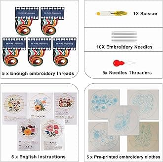 Maydear 5 Packs Embroidery Starter Kit with Pattern, Stamped Cross Stitch Kits for Beginners Adults with Embroidery Hoop and Instructions, Hand Embroidery Kit (Florals)