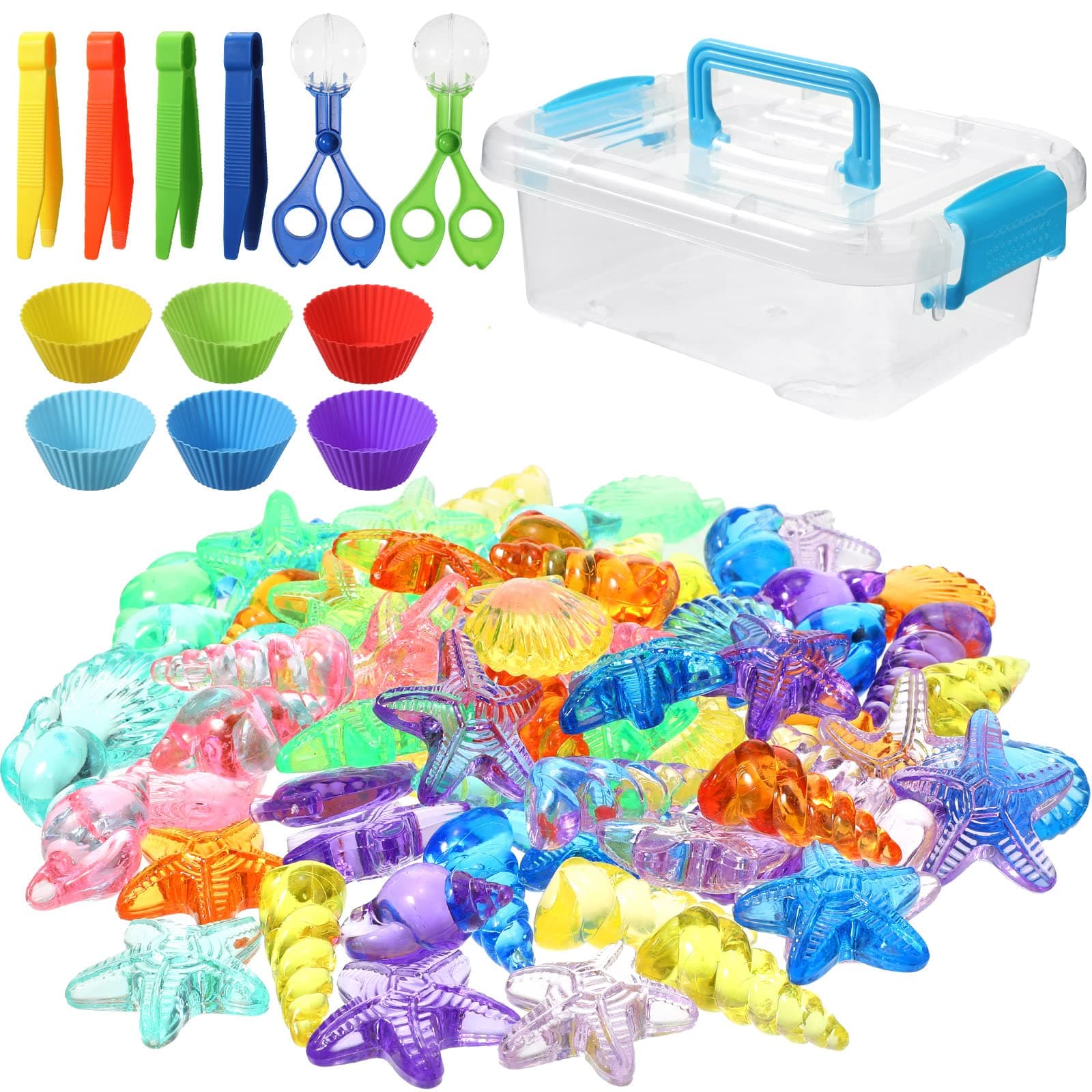 Meanplan Fine Motor Skills Set, 4 Tweezers, 80 Sorting Beads, 2 Jumbo Scissors Clips, 6 Colorful Sorting Cups with Storage Bin for Kids Early Education and Sorting Counting Training Development