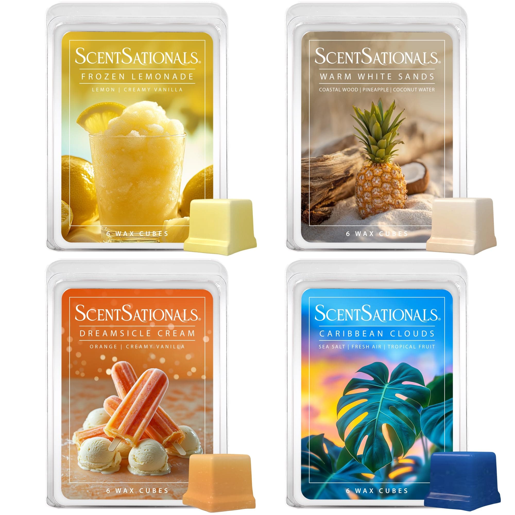 Wax Melts Staycation 4-Pack – Long Lasting Wax Cubes with Strong Scent for Warmers – Includes Frozen Lemonade, Caribbean Clouds, Warm White Sands & Dreamsicle Cream – 10oz (24-Cubes)