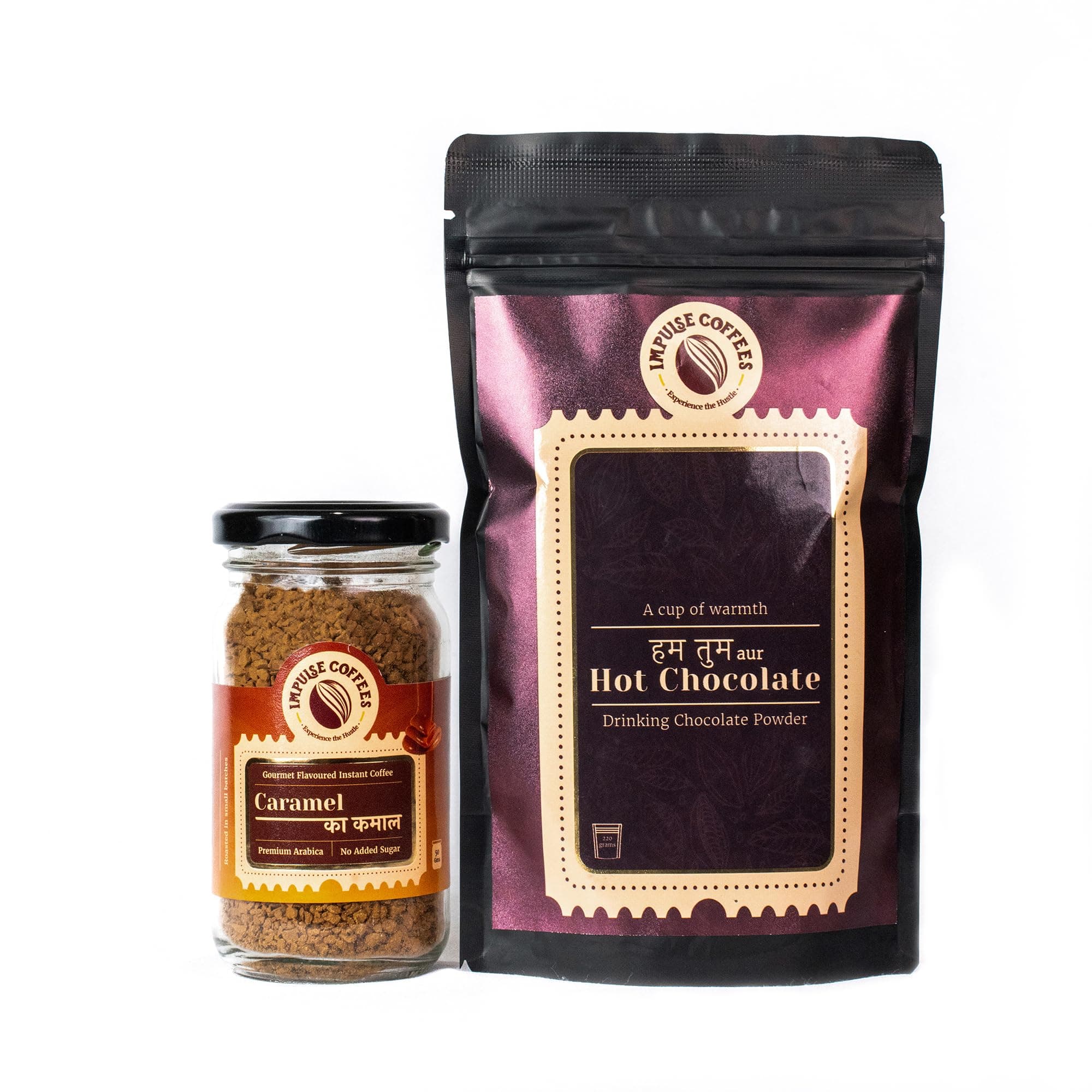 Impulse Coffees Pack of 2 Cozy Caramel Combo | Flavoured Caramel Coffee Powder (50g) & Hot Chocolate Powder (220g) | Coffee Powder In Fresh & Hot Chocolate Blend | Ideal For Hot & Cold Drinks| Ideal Gift Set