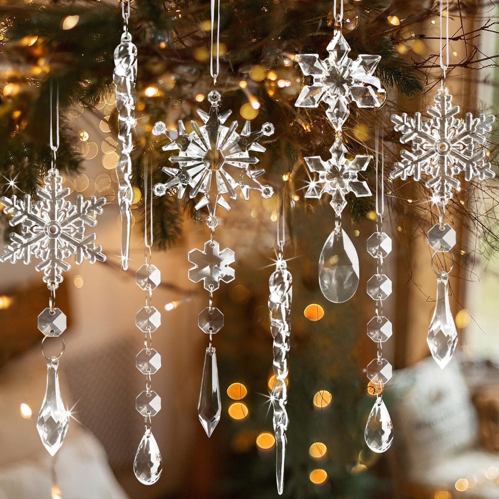 Christmas Tree Ornaments Crystal Snowflake Icicle Drop Hanging Store Decor Winter New Year Christmas Party Christmas Tree Transparent Decoration Set of 18