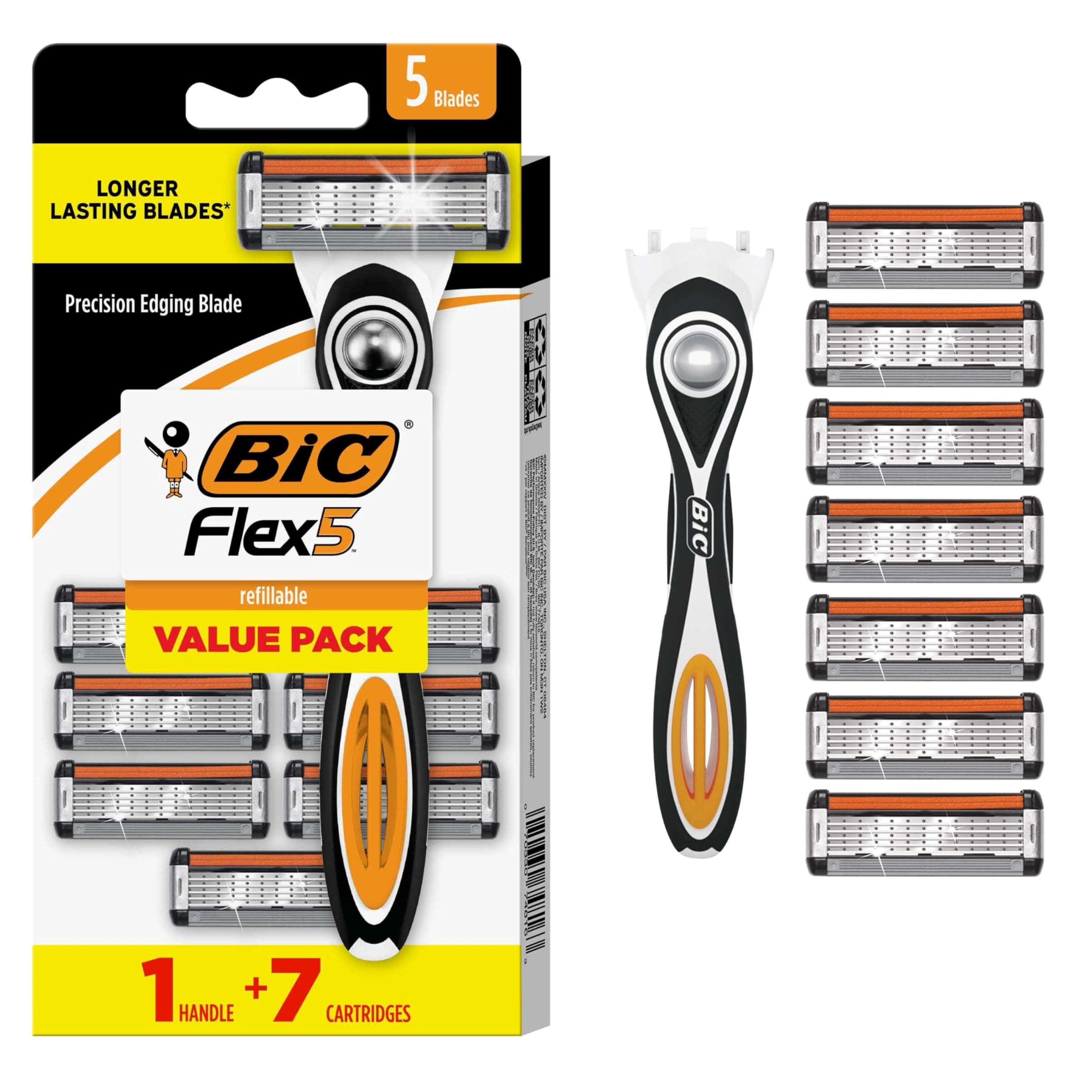 BIC Flex 5 Hybrid Disposable Razors for Men, Sensitive Skin Razor For a Smooth and Close Shave, 1 Handle and 7 Cartridges With 5 Blades