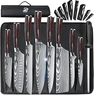 Dfito Chef Knife Sets with Roll Bag, 9 Pieces Professional Knife Set, High Carbon Stainless Steel Kitchen Chef Knife Set, Red Pakkawood Handle, Dishwasher Safe