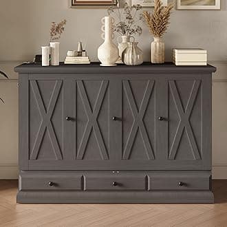 MERITLINE Full Farmhouse Murphy Bed with Storage Drawer and Charging Station,Pine Wood Folding Grey Murphy Chest Bed Cabinet for Adults