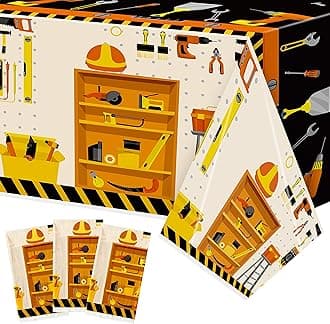 3 Packs Tool Theme Plastic Tablecloths Decoration Waterproof Rectangle Cute Tool TableCover Design with Hard Hat, Nuts, Bolts, Ladders, Spade Patterns for Kids Boys Birthday Party Supplies