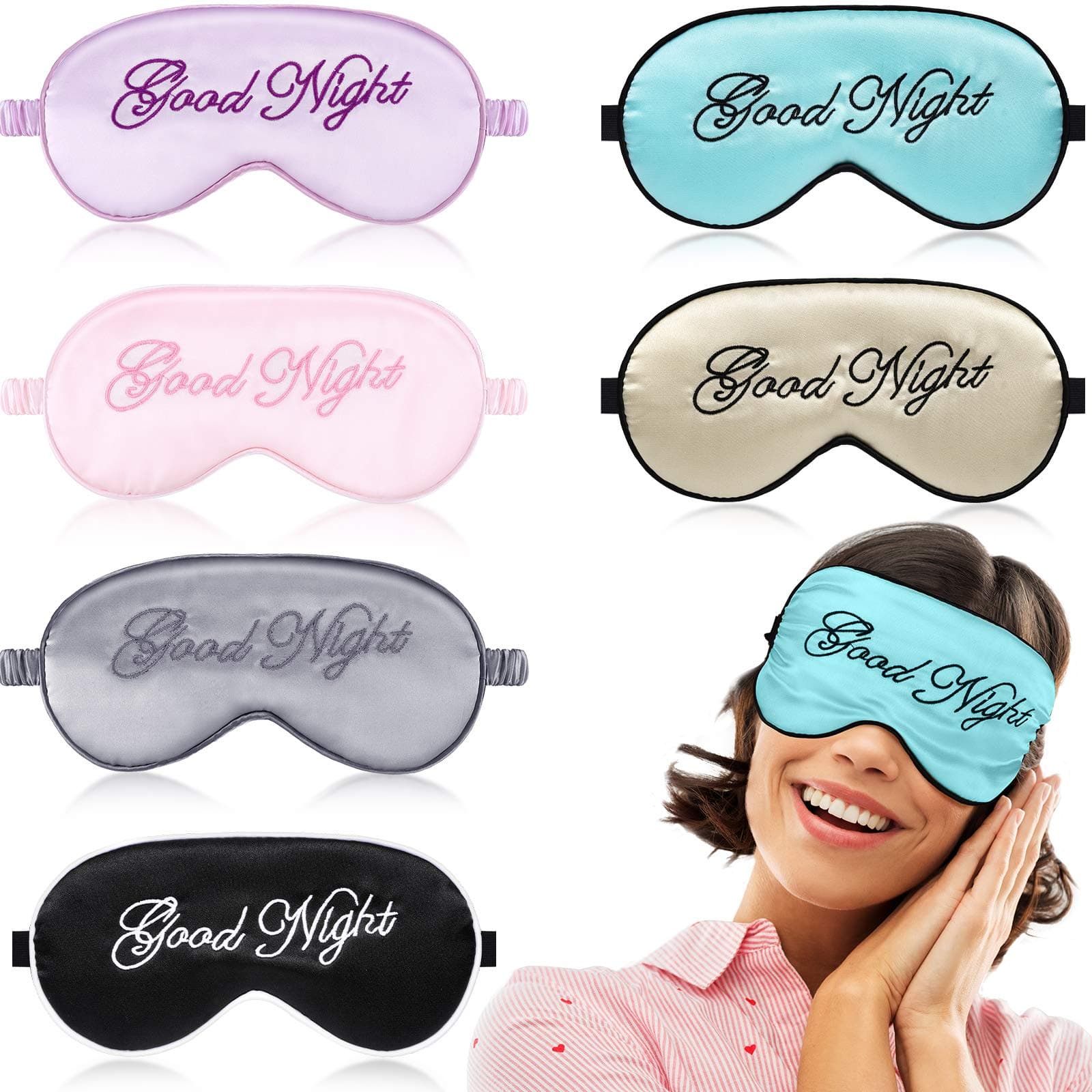6 Pieces Silk Sleep Eye Cover Masks Soft Blindfold Eye Mask Satin Eye Sleeping Mask Adjustable Strap Sleeping Eye Blinder Night Eyeshade Cover for Women Men Night Sleep Travel Nap (Mixed Color)