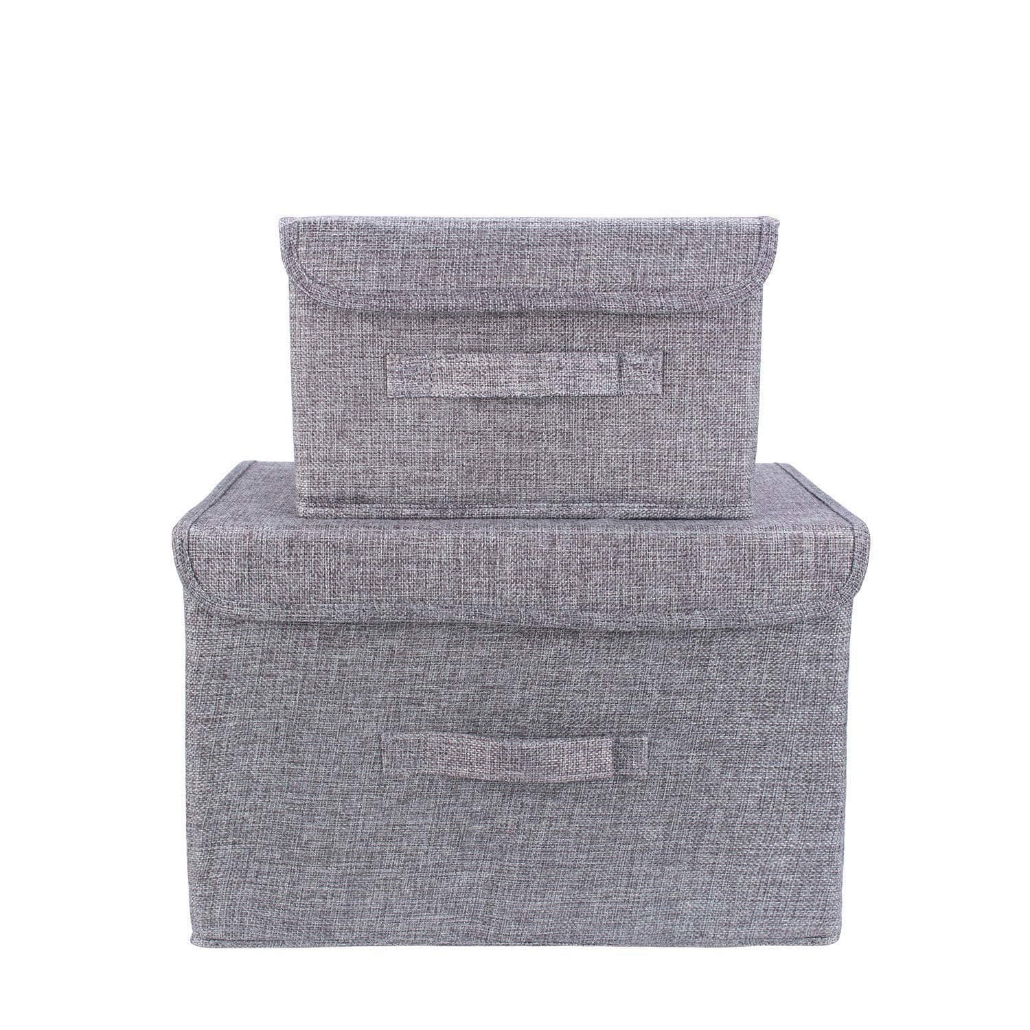 FAMLOVE Folding Organizer Storage Bins with Lids 2 Pack, Foldable Storage Box Cubes Cotton and Linen Washable Cloth Organizer Box with Handle for Bedroom, Nursery, Playroom, Living Room (Grey)