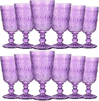 Wine Glasses Set of 12 Vintage Goblet 9 oz Vintage Colored Glass Goblet Beverage Stemmed Glass Cups Romantic Embossed Glassware for Wedding Party Holidays Anniversary (Purple)