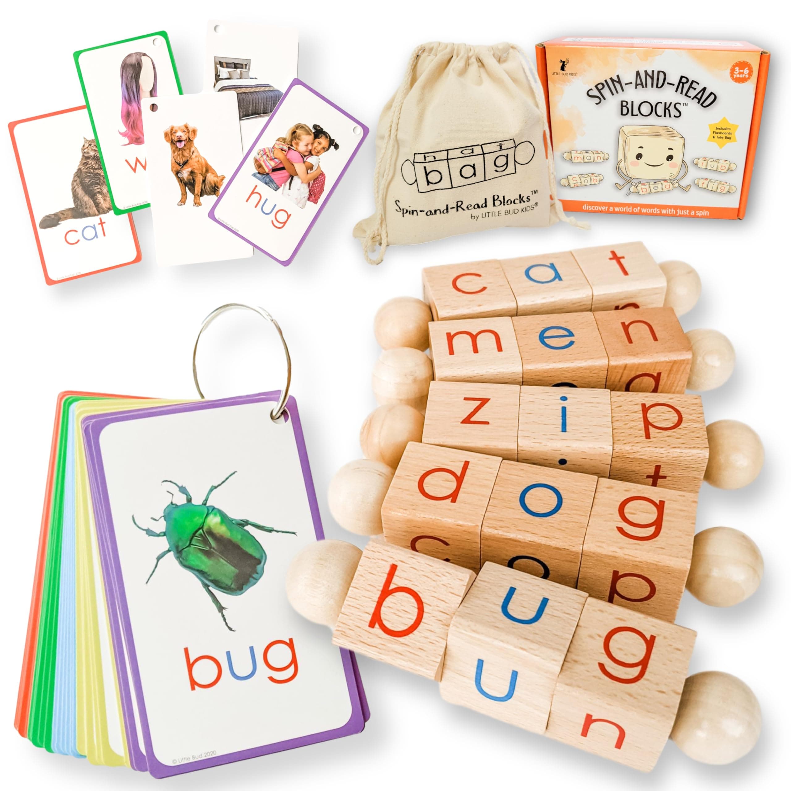 LITTLE BUD KIDS Spin-and-Read Montessori Phonetic Reading Blocks with CVC Pho...