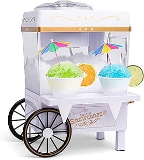 Snow Cone Shaved Ice Machine - Retro Table-Top Slushie Machine Makes 20 Icy Treats - Includes 2 Reusable Plastic Cups & Ice Scoop - White