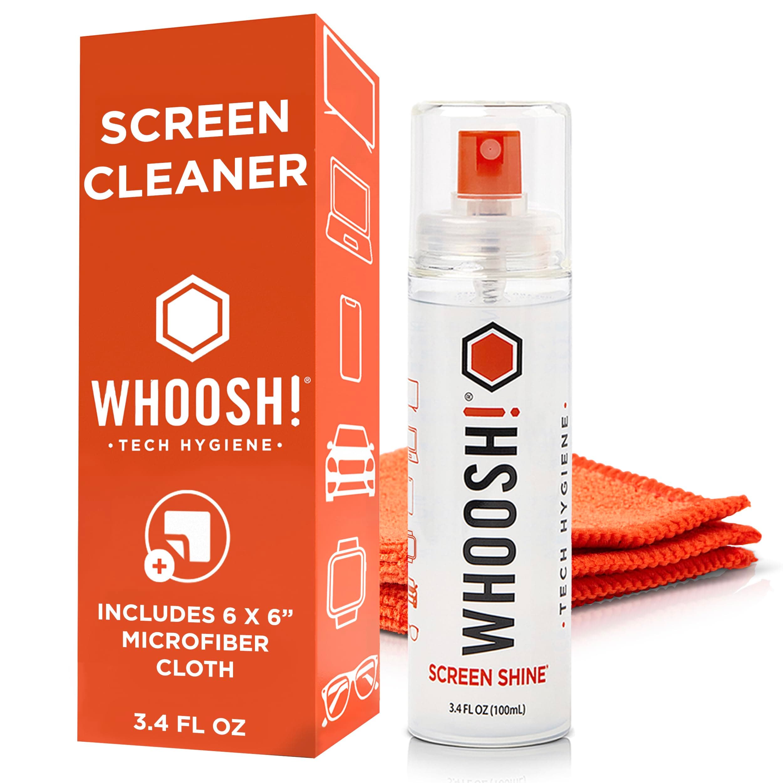 WHOOSH! Screen Cleaner Spray and Wipe - 3.4 fl oz + 1 Microfiber Cloth Wipes - Travel Size Electronic Cleaner for Car, Computer, Laptop, iPad, MacBook, Phone, Watch, Eyeglass - Lens Cleaner Kit