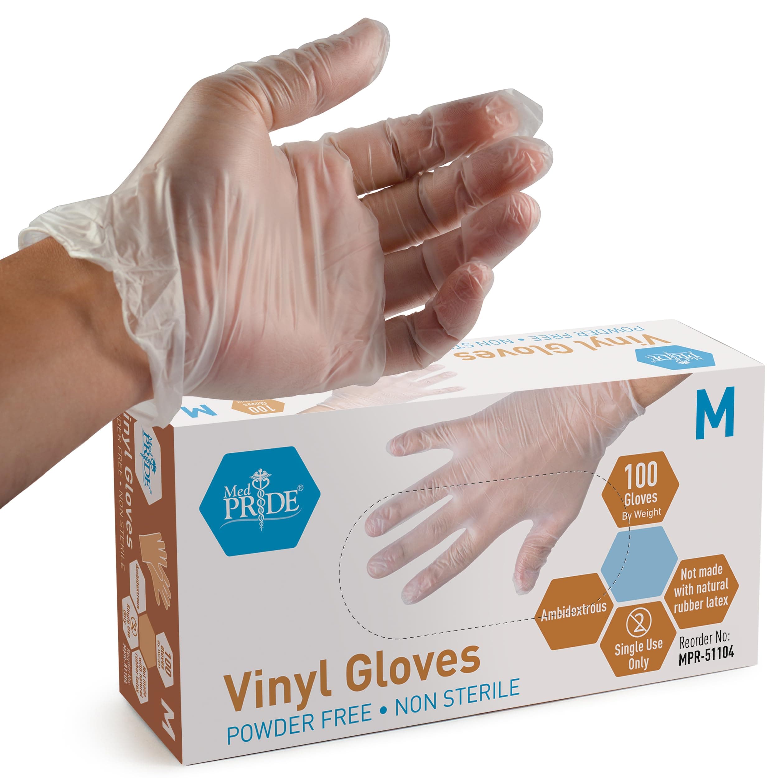 Med PRIDE Vinyl Gloves| Medium Box of 100| 4.3 mil Thick, Powder-Free, Non-Sterile, Heavy Duty Disposable Gloves| Professional Grade for Healthcare, Medical, Food Handling, and More