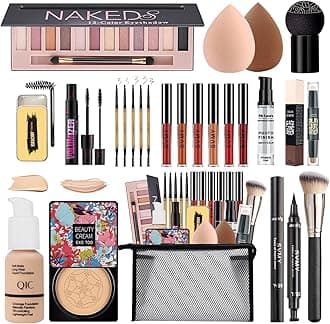 All in One Makeup Kit, 12 Colors Eyeshadow, Foundation & Primer, CC Cream, Lipsticks, Mascara, Makeup Brush & Sponge, Brow Pencil & Soap, Eyeliner, Contour Stick, Cosmetics Bag