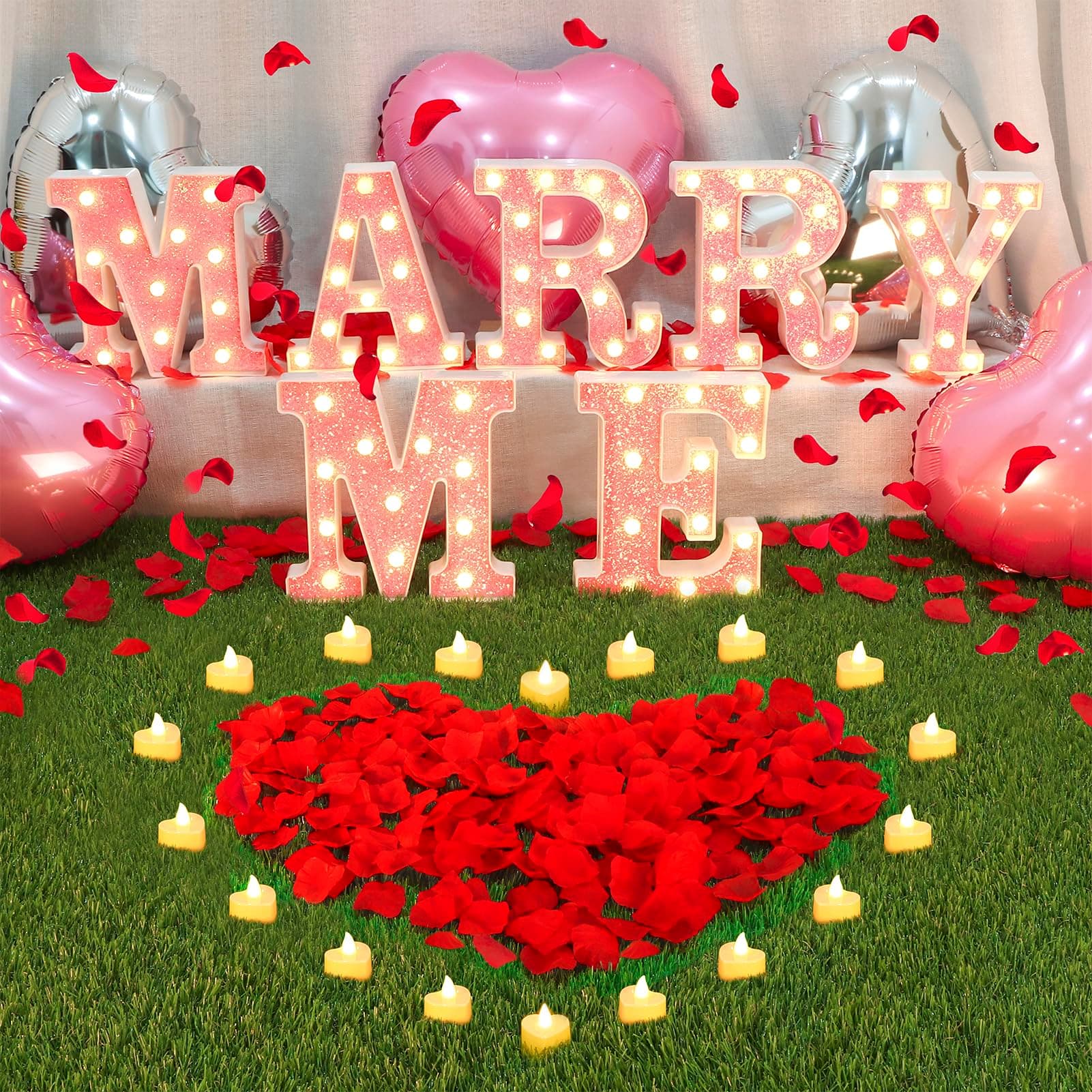 Marry Me Sign Large Proposal Decorations Light Up Letters with 2000 Pcs Rose Petals and 24 Romantic LED Flameless Candles Love Balloons Kit for Valentines Engagement Wedding Outdoor Decor