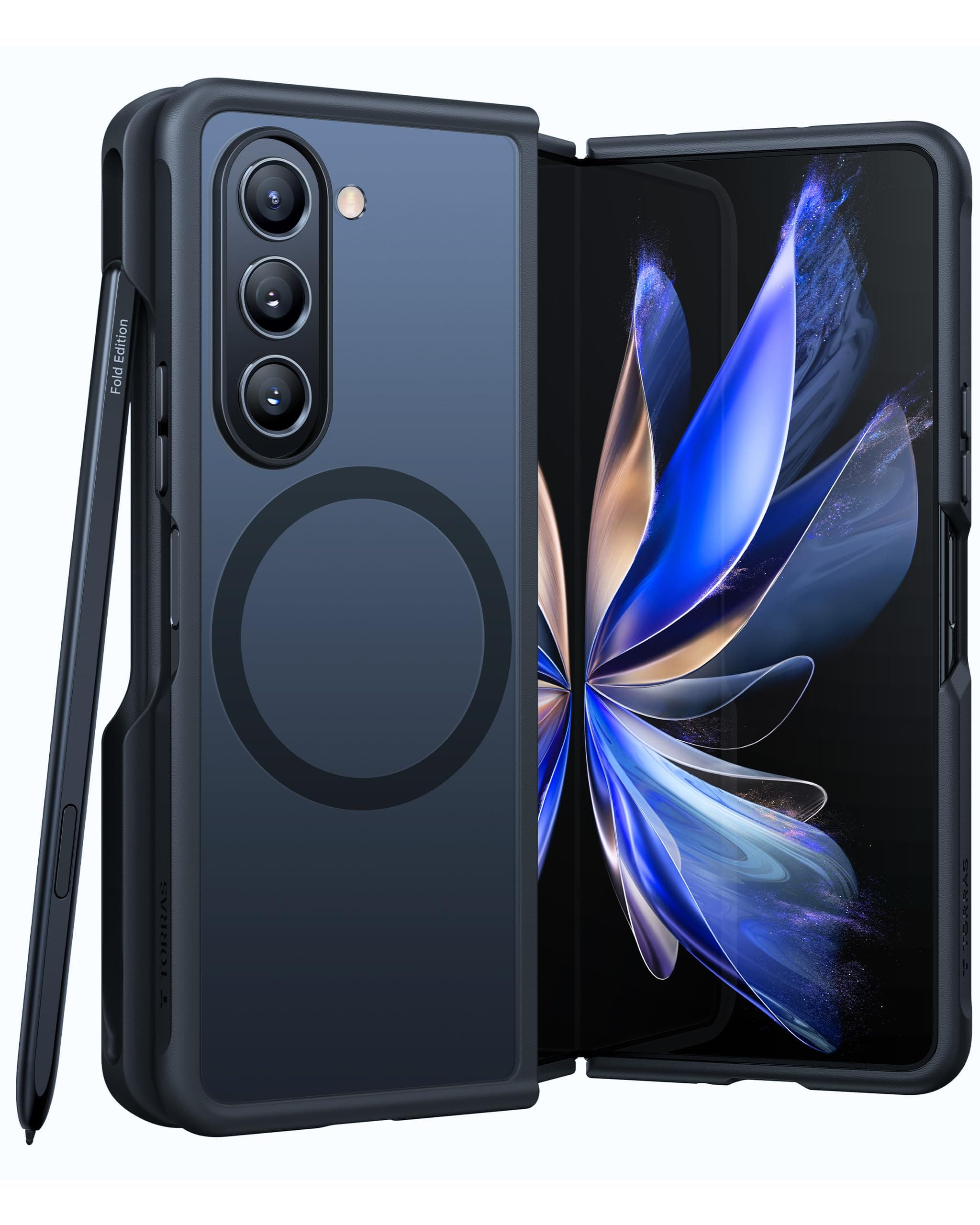 TORRAS Magnetic Shockproof Designed for Samsung Galaxy Z Fold 5 Case with Pen Holder, [Military Grade Drop Tested] Translucent Slim Phone Case for Samsung Z fold 5 Case,Black