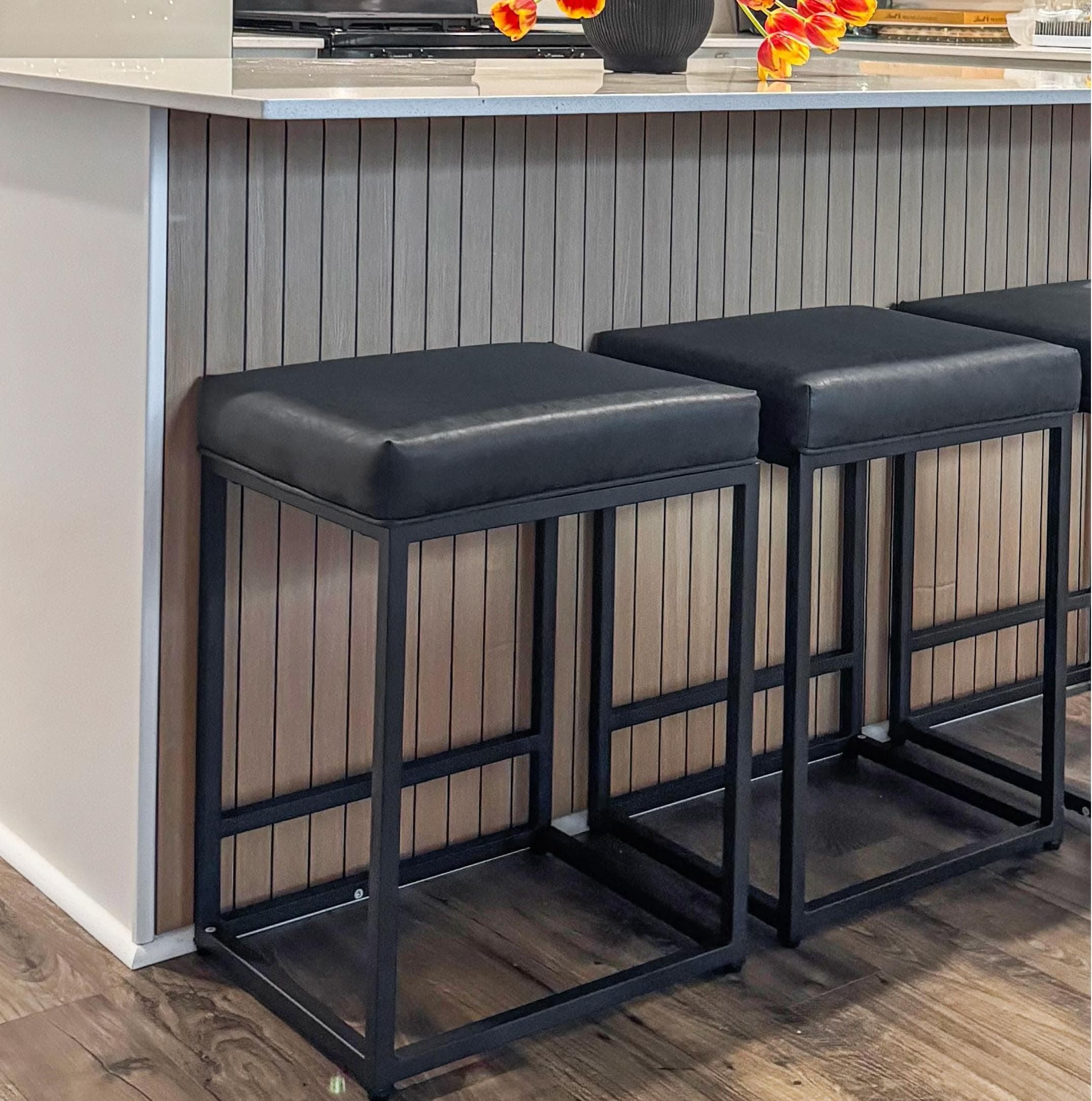 ALPHA HOME 24 Inch Counter Height Bar Stools Set of 2, Upholstered Bar Stools for Kitchen Island, Counter Stools with Faux Leather Cushion and Sturdy Metal Frame, Modern Barstools, Black