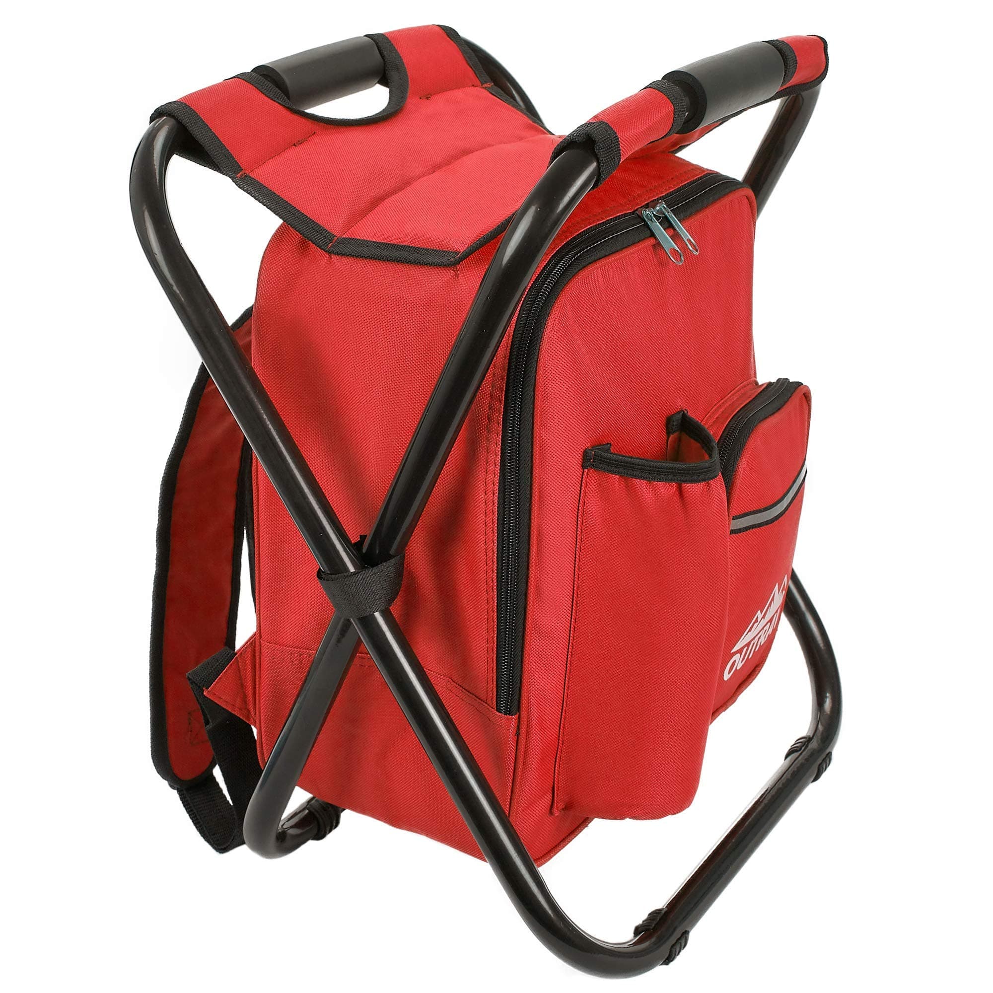 Red Backpack Cooler and Stool - Collapsible Folding Camping Chair and Insulated Cooler Bag with Zippered Front Pocket and Bottle Pocket – for Hiking, Beach and More - by Outrav