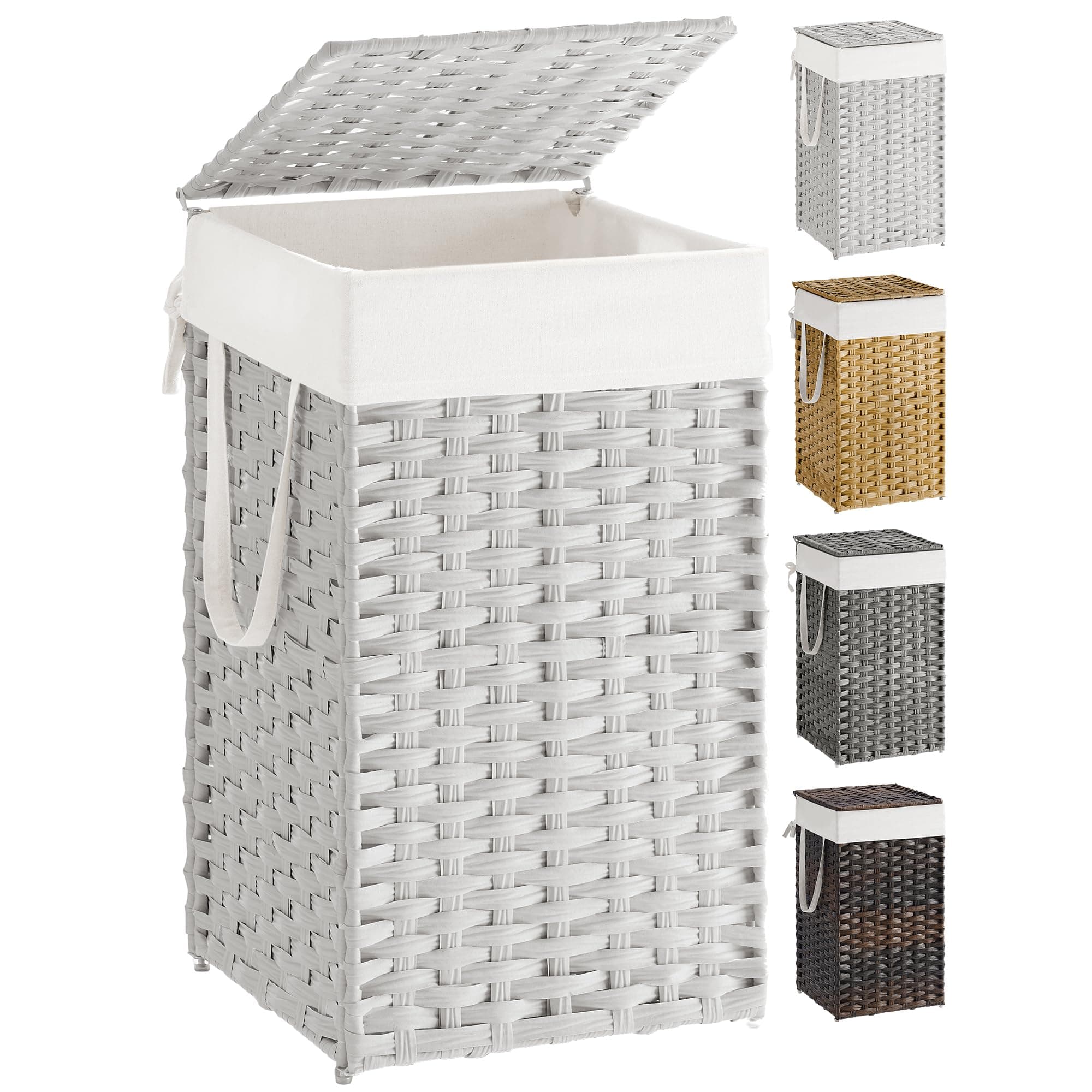 SONGMICS Laundry Hamper with Lid, Handwoven Polyrattan, Foldable, with Handles and Removable Liner Bag, White ULCB165W01
