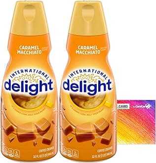 International-Delight Liquid Coffee Creamer.- Two (2) 32 fl oz Bottles of Creamy Smooth Delightful Coffee Creamer and One Authentic CureCor Collective Sticker! (Caramel Macchiato)
